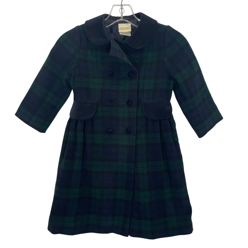 Laura Ashley Vintage 90's Girls Wool Peacoat Plaid Retro Velvet Blue Green 3Y